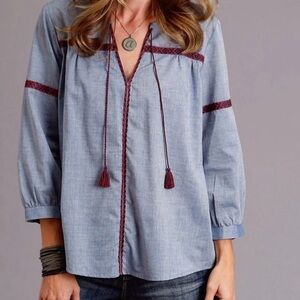 Joie Malran Chambray Embroidered small top blue blouse Western Aztec tunic boho
